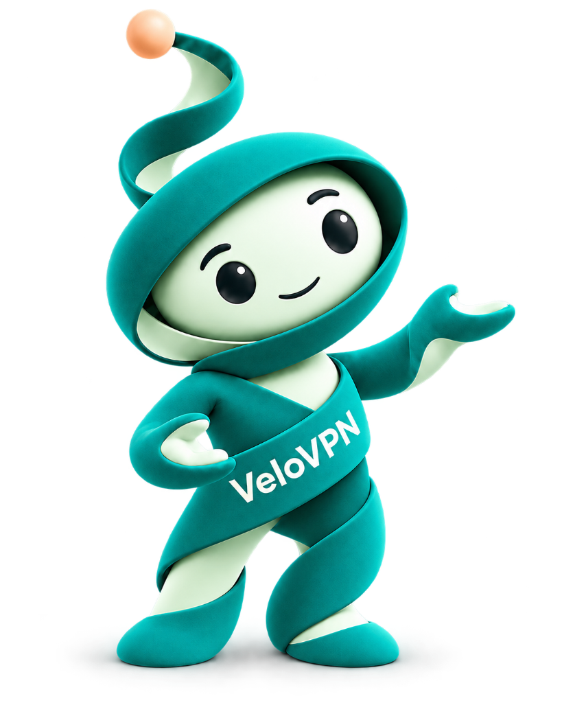 VeloVPN — маскот указывает на регистрацию справа